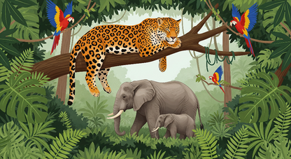 Kids-Mundo flat artwork of an elephant family and a resting leopard in the jungle