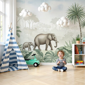 Jungle elephants mural wallpaper creating peaceful safari nursery decor by Kids-Mundo