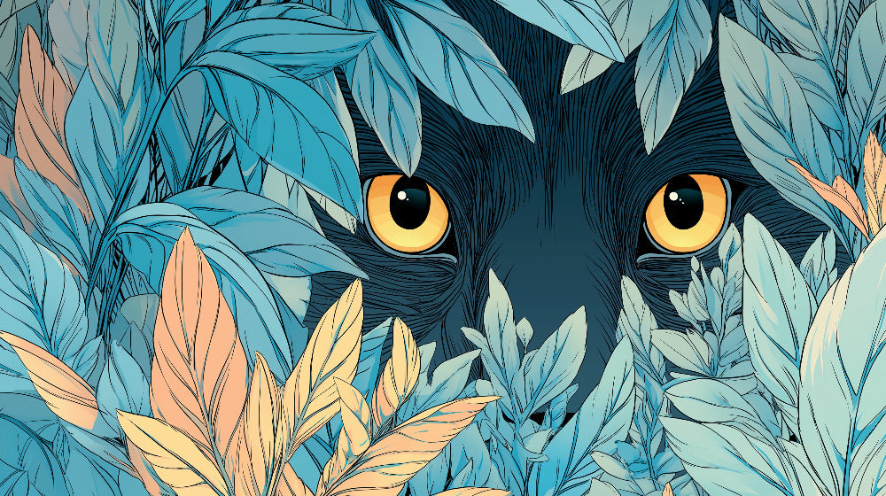 Detailed jungle eyes mural wallpaper design pattern with lush blue orange foliage by Kids-Mundo