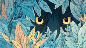 Detailed jungle eyes mural wallpaper design pattern with lush blue orange foliage by Kids-Mundo