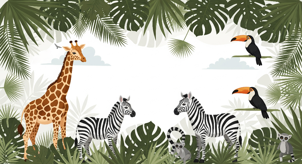 Kids-Mundo flat artwork preview of the jungle frame giraffe and zebra wall mural