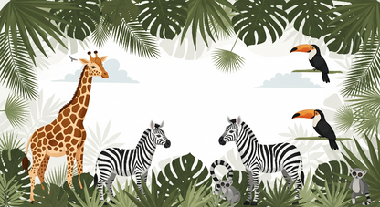 Kids-Mundo flat artwork preview of the jungle frame giraffe and zebra wall mural