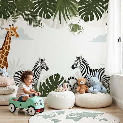 Kids-Mundo jungle frame wall mural with giraffe and zebras in a bright nursery