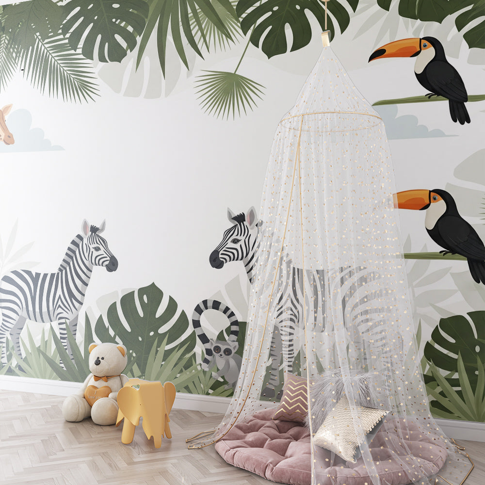 Kids-Mundo leafy jungle frame wall mural featured in a light playroom space