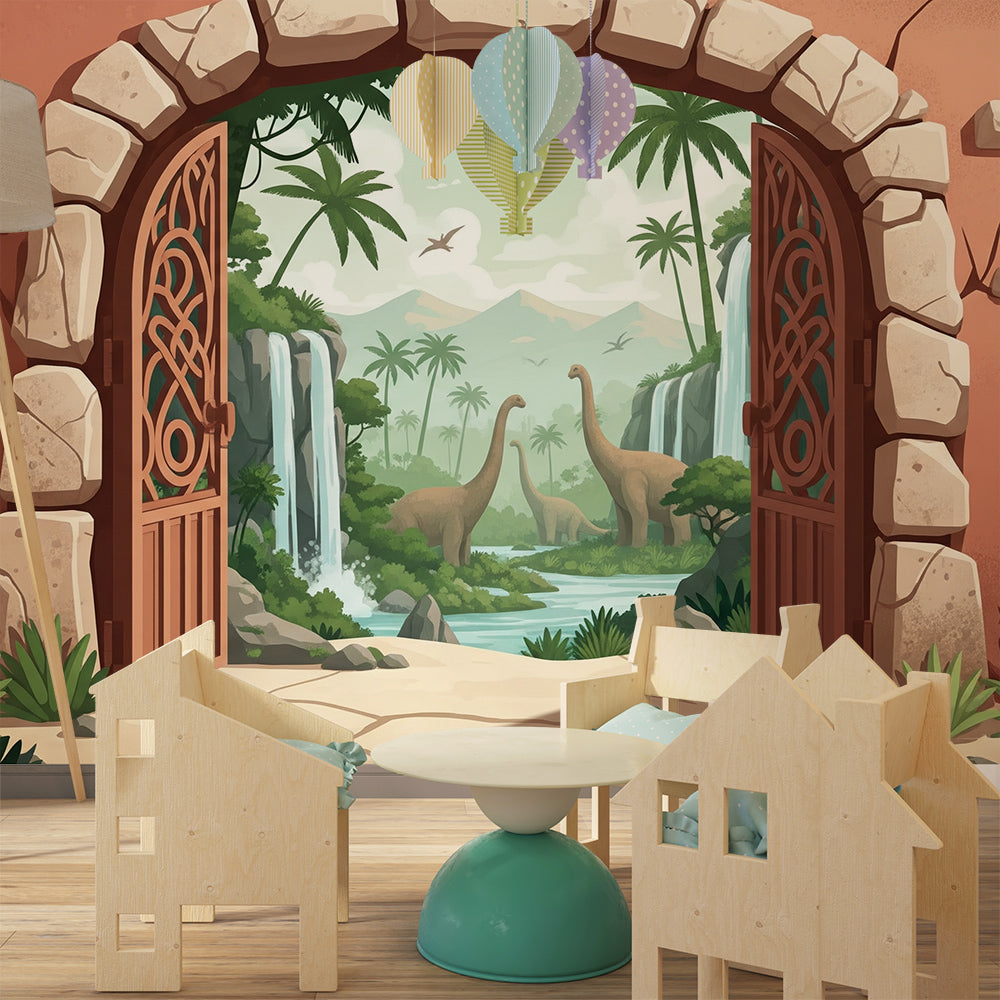 Kids-Mundo waterfall dinosaur wall mural behind a bed in a jungle-themed kids bedroom