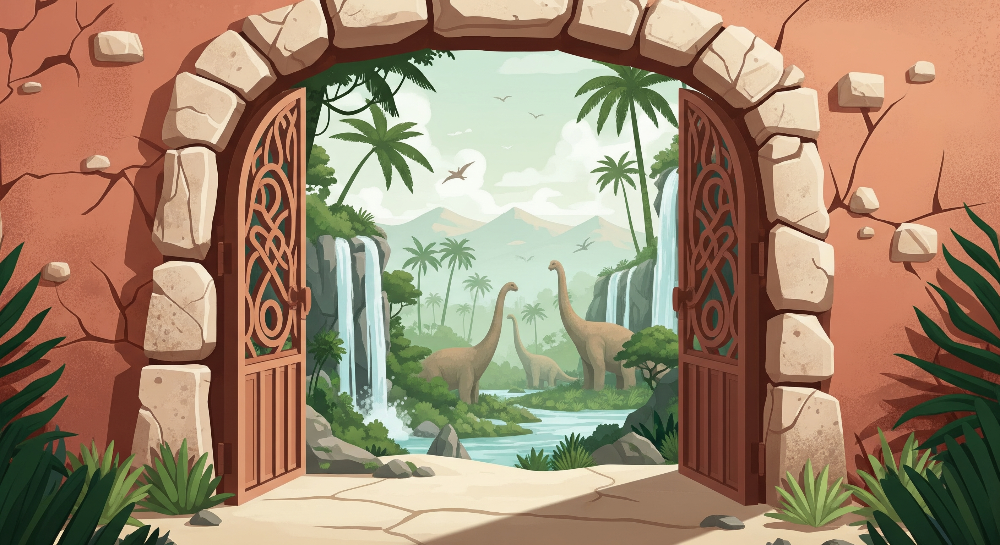 Jungle Gateway Waterfall Dinosaur Wall Mural