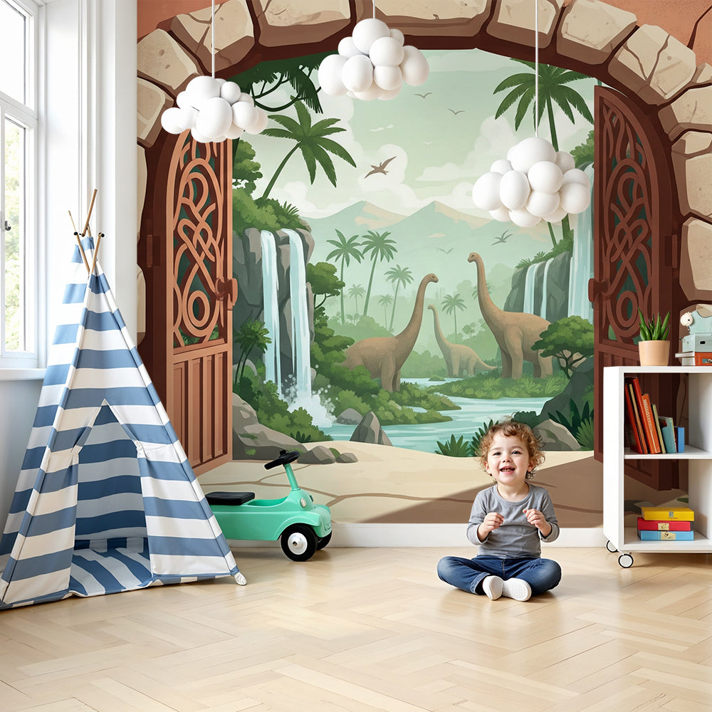 Kids-Mundo jungle gateway dinosaur mural in a bright nursery with cot and green rug