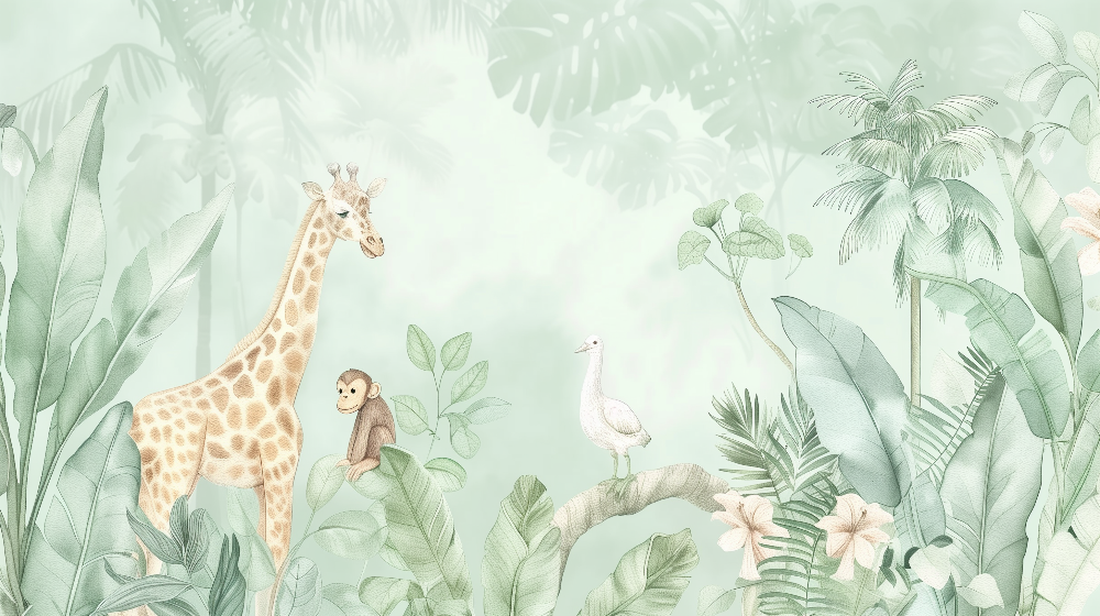 Soft Jungle Giraffe and Monkey Wall Mural