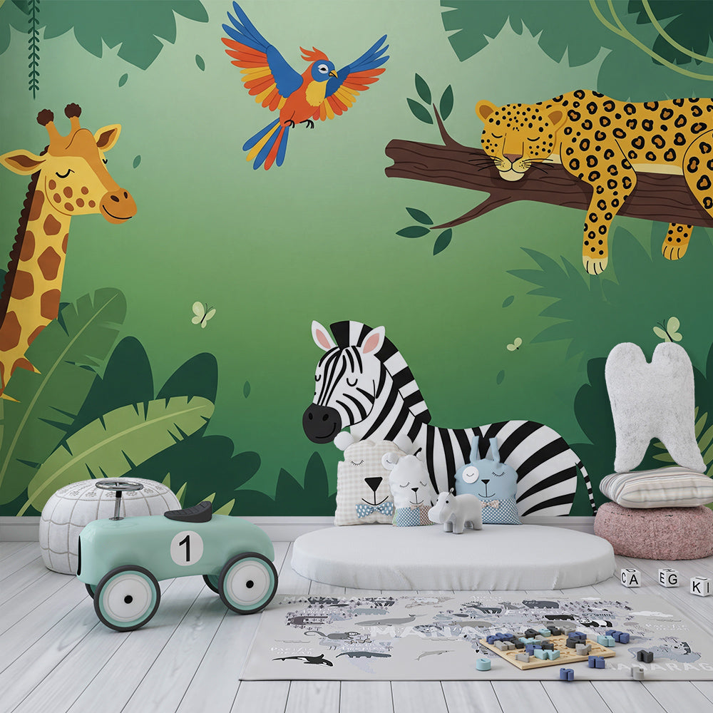 Kids-Mundo jungle wall mural with parrot and zebra styled in a kids bedroom