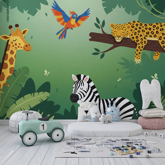 Kids-Mundo jungle wall mural with parrot and zebra styled in a kids bedroom