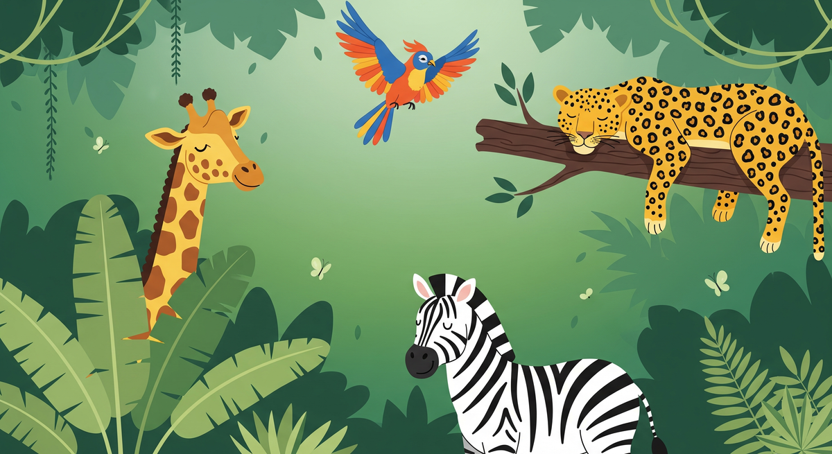 Sleepy Giraffe, Leopard and Parrot Jungle Wall Mural