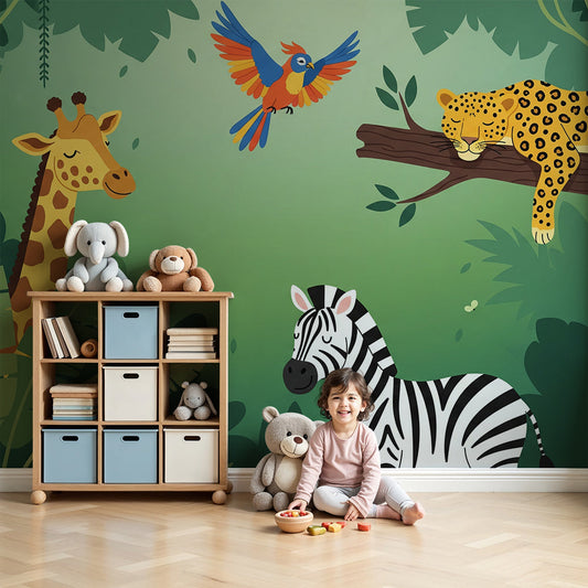 Kids-Mundo giraffe and leopard jungle wall mural displayed in a soft green nursery