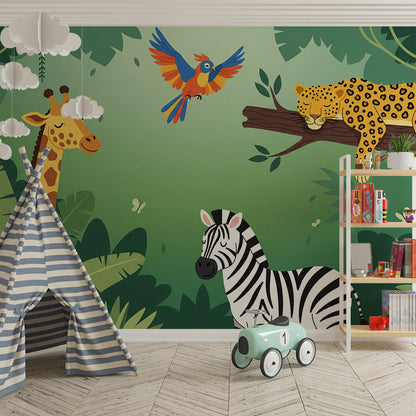 Kids-Mundo sleepy giraffe jungle wall mural featured on a playroom feature wall