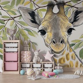Gentle jungle giraffe mural wallpaper decorating cozy baby bedroom with natural decor