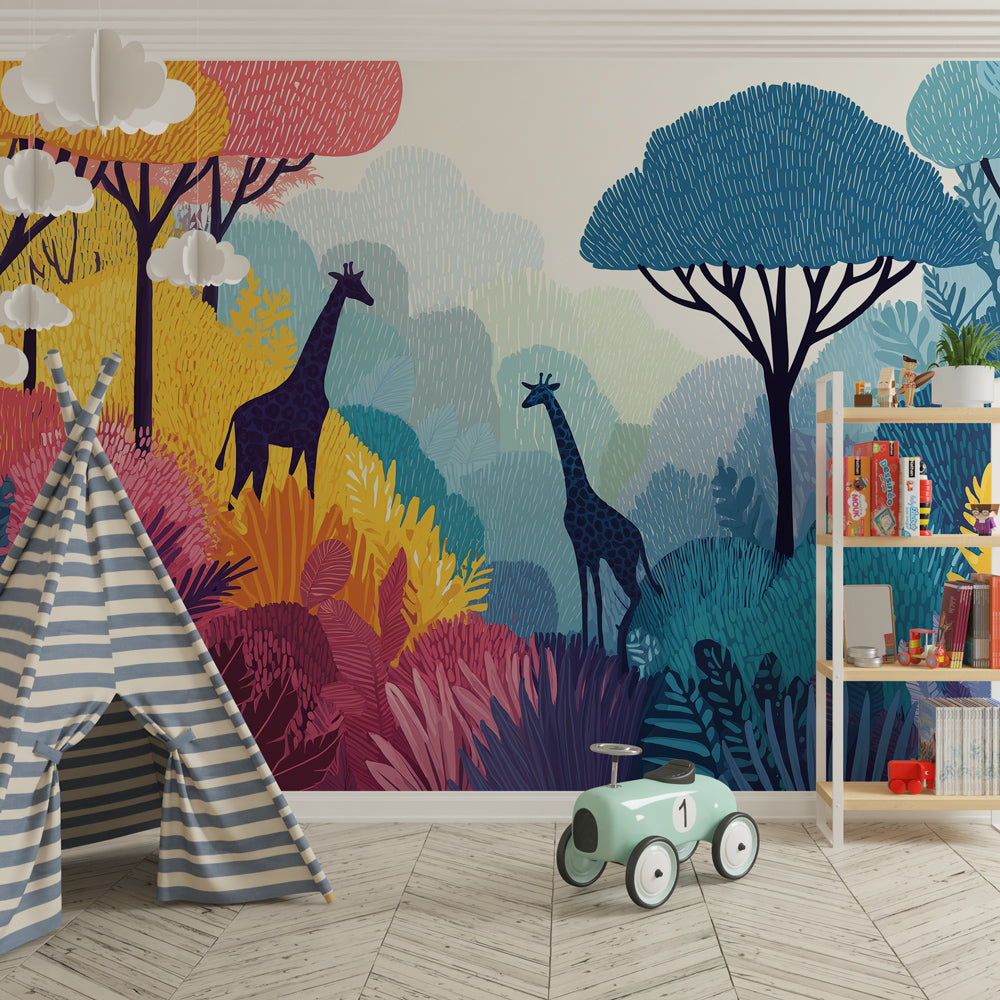 Safari giraffe wallpaper creating adventurous kids bedroom decor with natural lighting