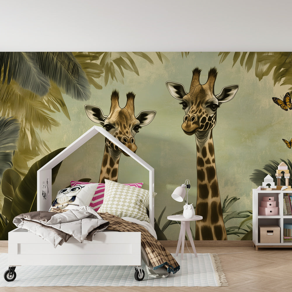 Safari giraffe wallpaper transforming kids bedroom with golden butterflies and lush jungle foliage design