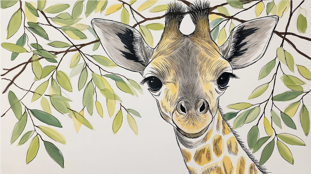 Detailed jungle giraffe mural wallpaper design pattern with botanical elements by Kids-Mundo
