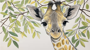 Detailed jungle giraffe mural wallpaper design pattern with botanical elements by Kids-Mundo