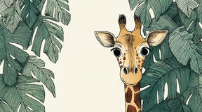 Detailed jungle giraffe mural wallpaper design pattern with tropical palm leaves by Kids-Mundo