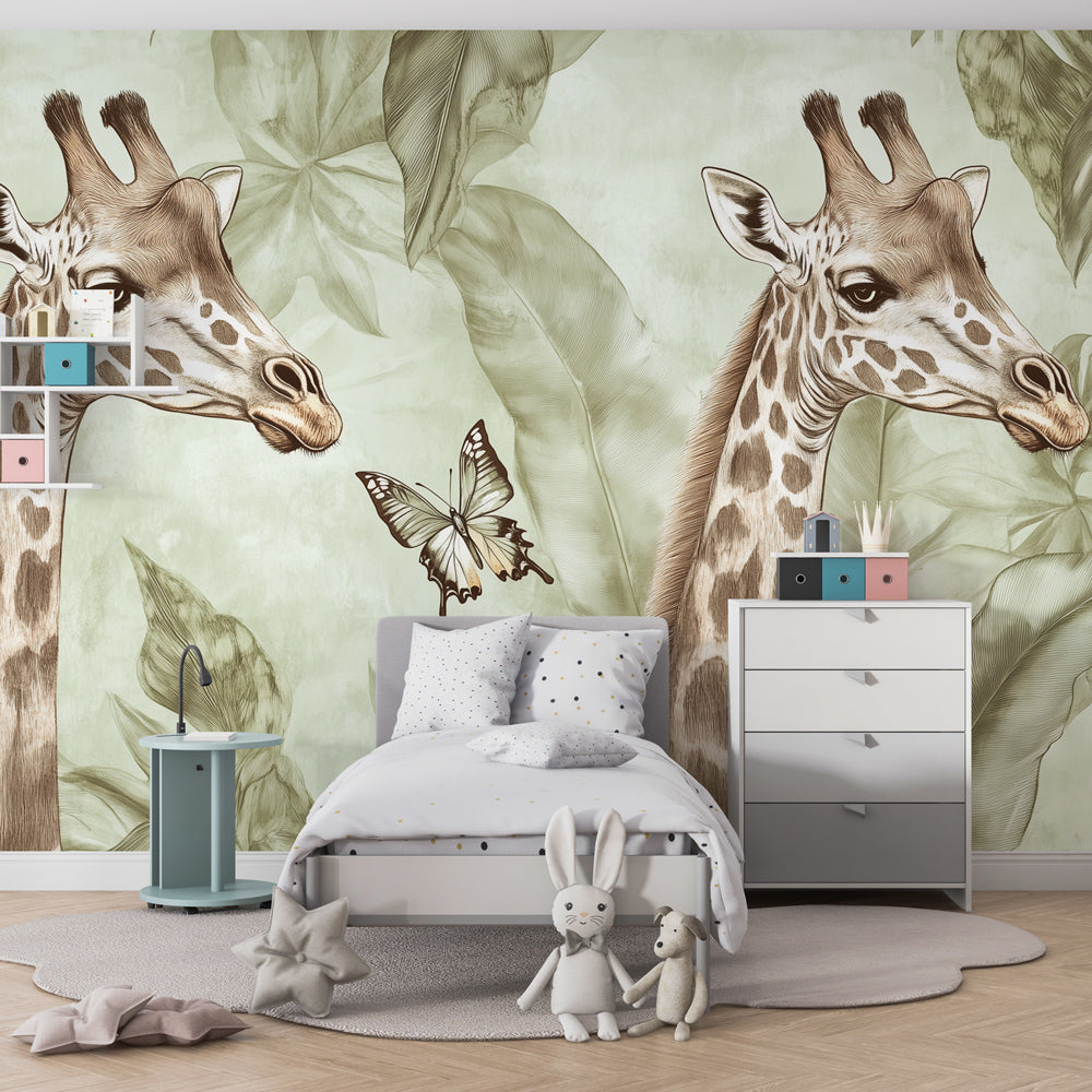 Safari themed children's bedroom featuring elegant giraffe wallpaper with tropical foliage decor
