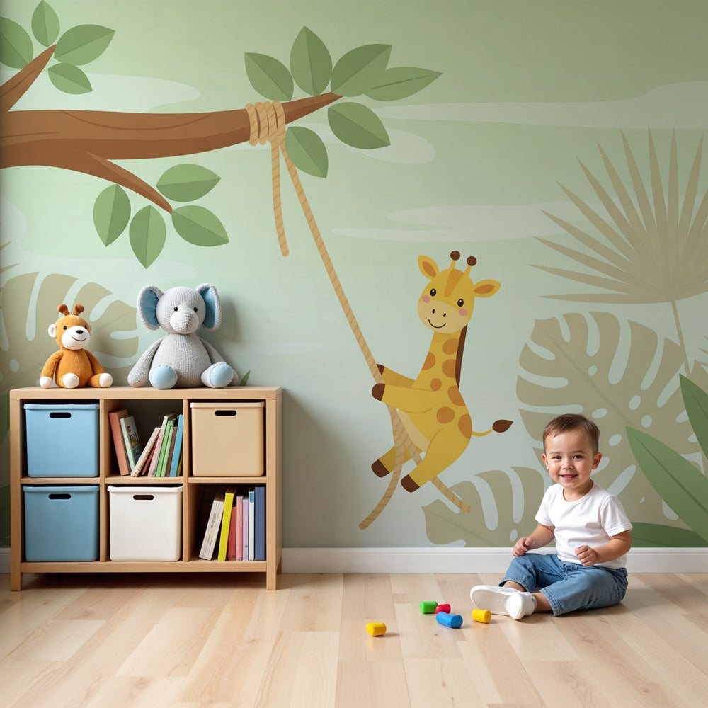 Jungle giraffe mural wallpaper creating safari-themed nursery decor by Kids-Mundo
