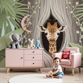 Jungle giraffe mural wallpaper creating safari nursery with tropical foliage by Kids-Mundo