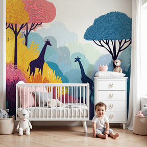 Jungle giraffe mural wallpaper in bright nursery with wooden crib by Kids-Mundo