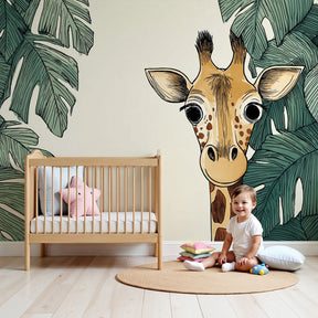 Jungle giraffe mural wallpaper creating safari-themed nursery decor by Kids-Mundo