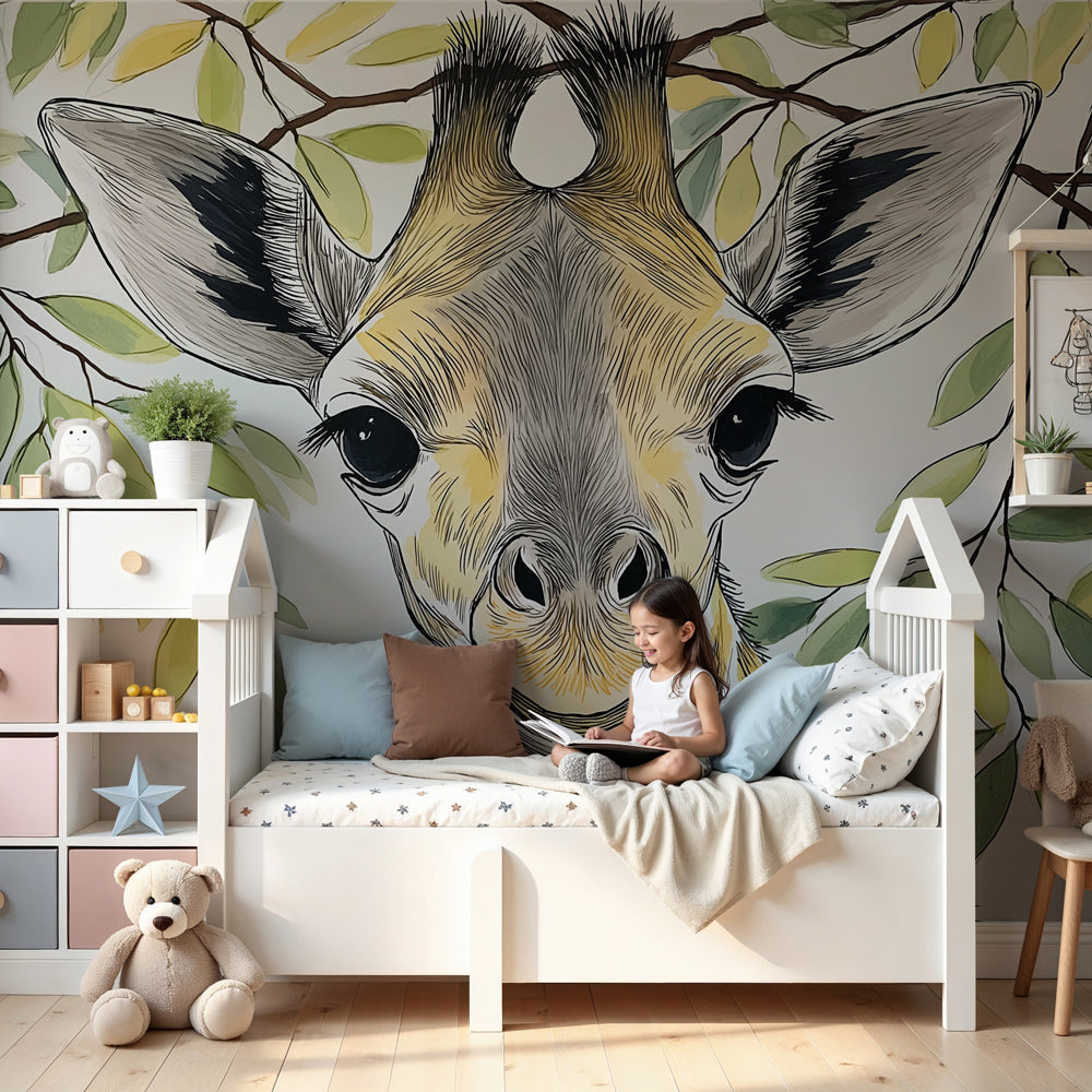 Jungle giraffe mural wallpaper in modern baby nursery with wooden crib by Kids-Mundo