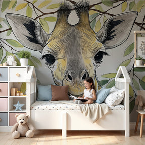 Jungle giraffe mural wallpaper in modern baby nursery with wooden crib by Kids-Mundo