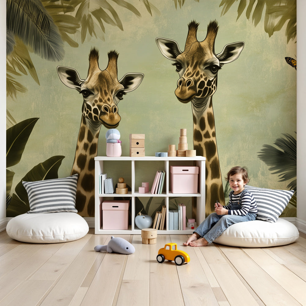 Vintage jungle giraffe mural wallpaper creating safari nursery decor with natural wood furniture by Kids-Mundo