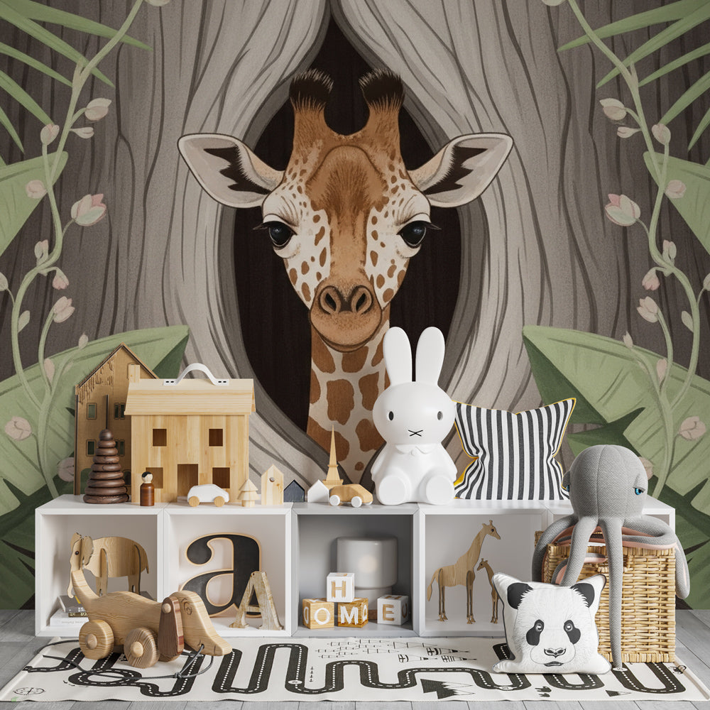 Safari animal mural wallpaper with hidden giraffe design for kids playroom by Kids-Mundo