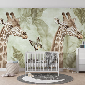 Jungle giraffe mural wallpaper creating peaceful safari atmosphere in children's playroom space