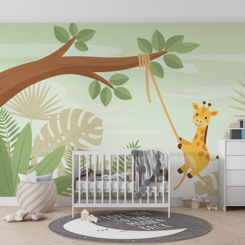 Safari animal mural wallpaper featuring smiling giraffe in children's playroom by Kids-Mundo