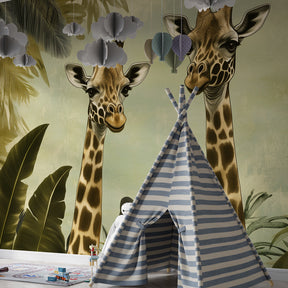 African safari mural wallpaper for children's playroom featuring gentle giraffes and tropical plants by Kids-Mundo