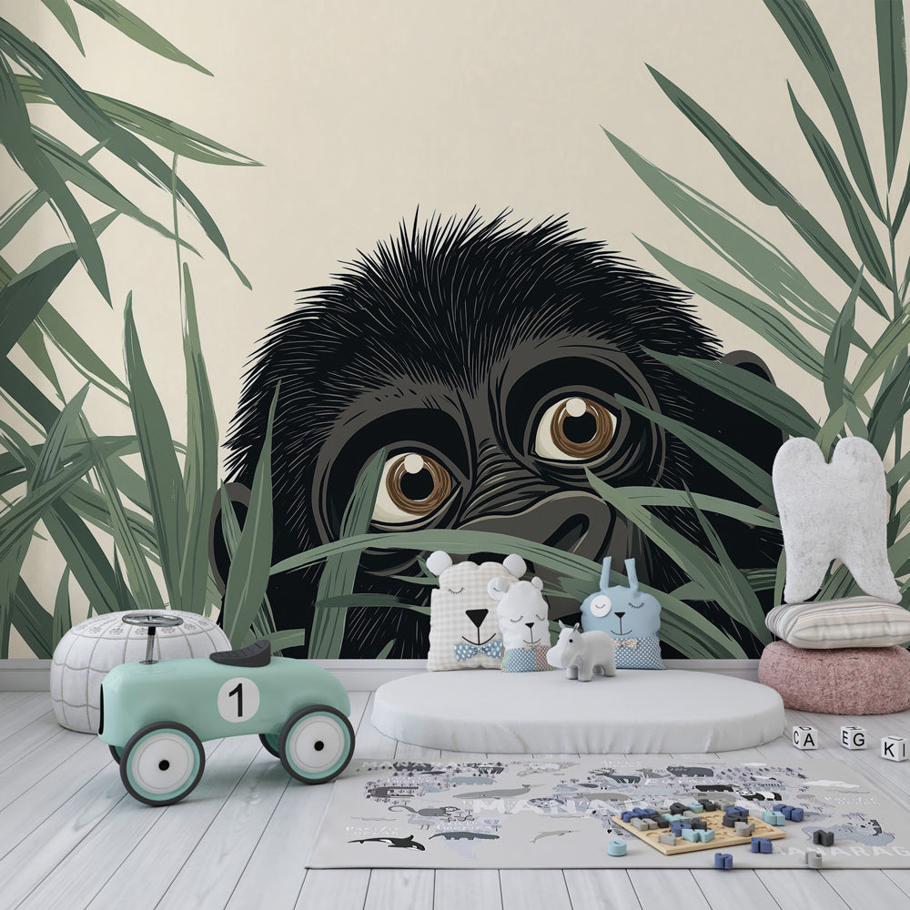 Baby gorilla mural wallpaper creating peaceful jungle atmosphere in toddler bedroom