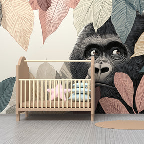 Tropical gorilla wallpaper creating adventurous atmosphere in children's bedroom decor