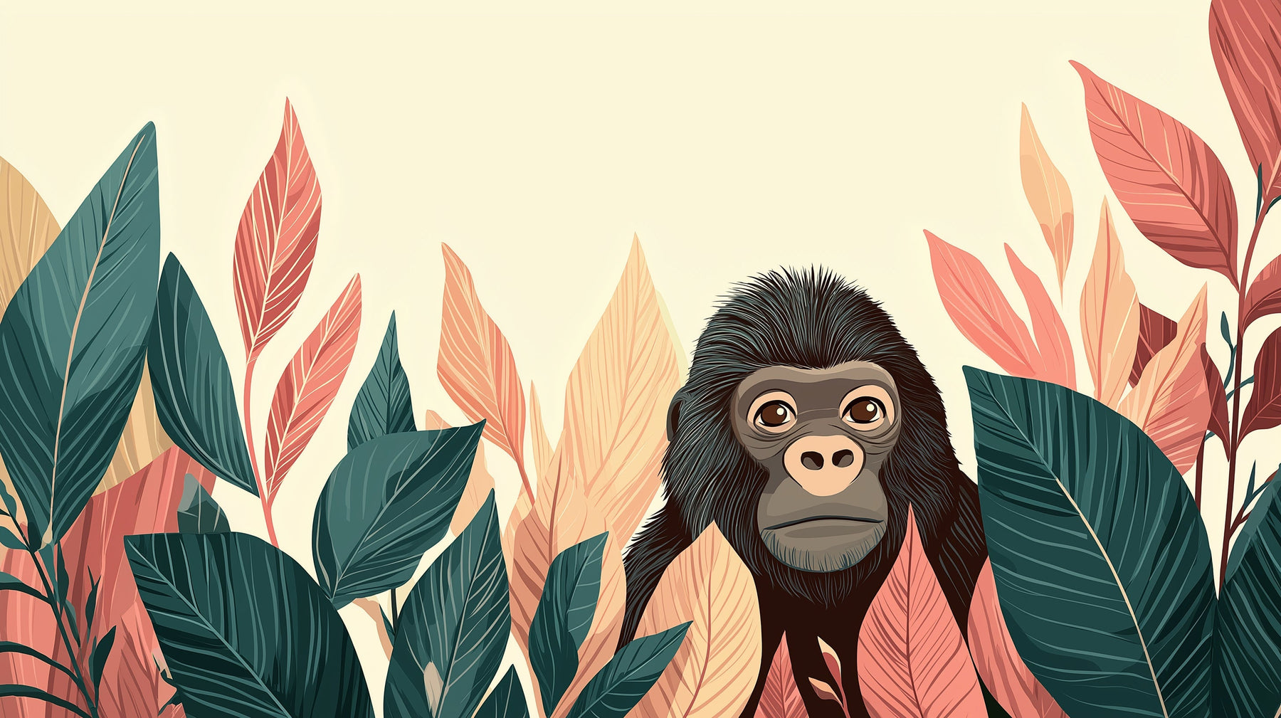 Detailed curious gorilla jungle mural wallpaper design pattern with tropical foliage by Kids-Mundo