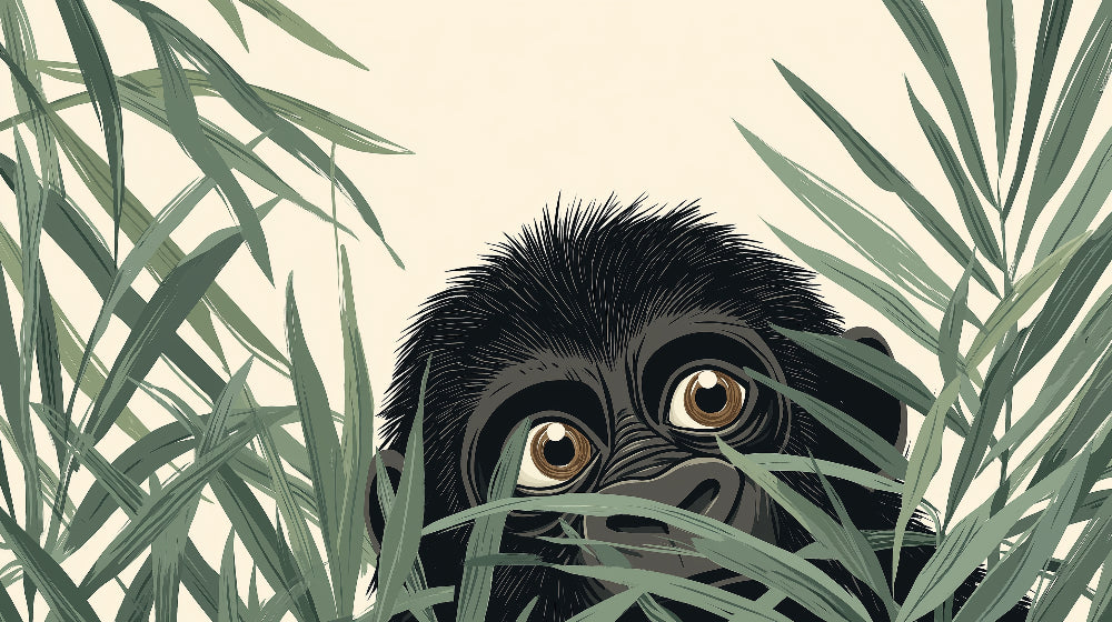 Detailed jungle gorilla mural wallpaper design pattern with baby gorilla and tropical leaves by Kids-Mundo