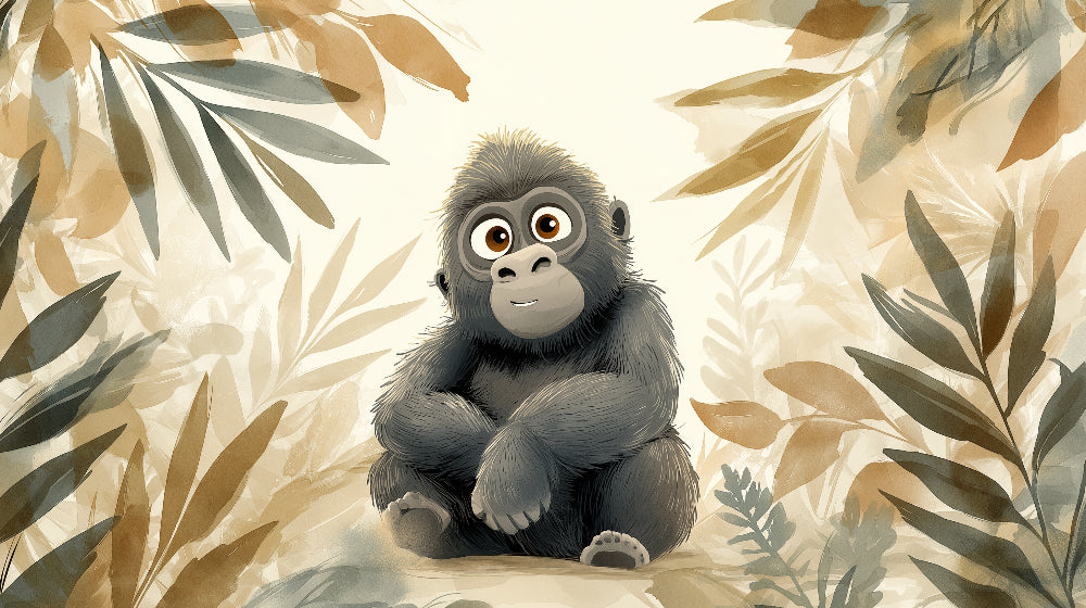 Detailed jungle gorilla mural wallpaper design pattern showing baby gorilla in tropical foliage by Kids-Mundo