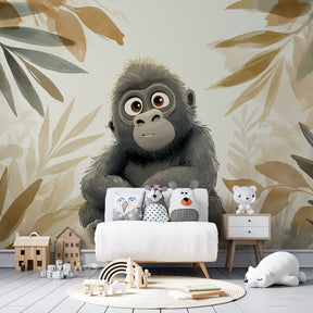 Baby gorilla wallpaper creating adventurous jungle theme in children's bedroom with cozy decor
