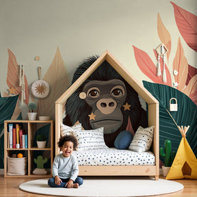Curious gorilla jungle mural wallpaper in modern nursery setting by Kids-Mundo