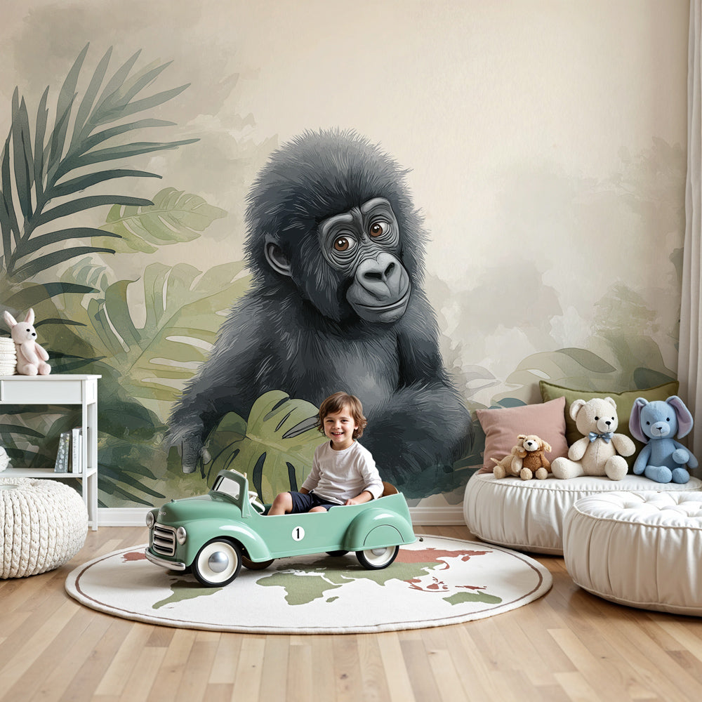 Baby gorilla jungle mural wallpaper in modern nursery room with natural decor by Kids-Mundo