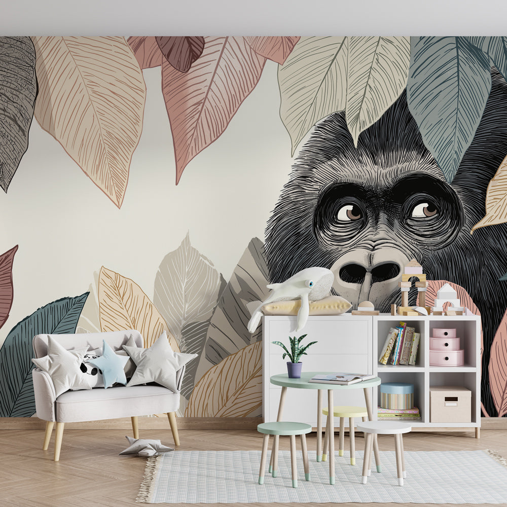 Nature-themed gorilla mural wallpaper transforming kids playroom into jungle sanctuary