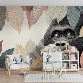 Nature-themed gorilla mural wallpaper transforming kids playroom into jungle sanctuary
