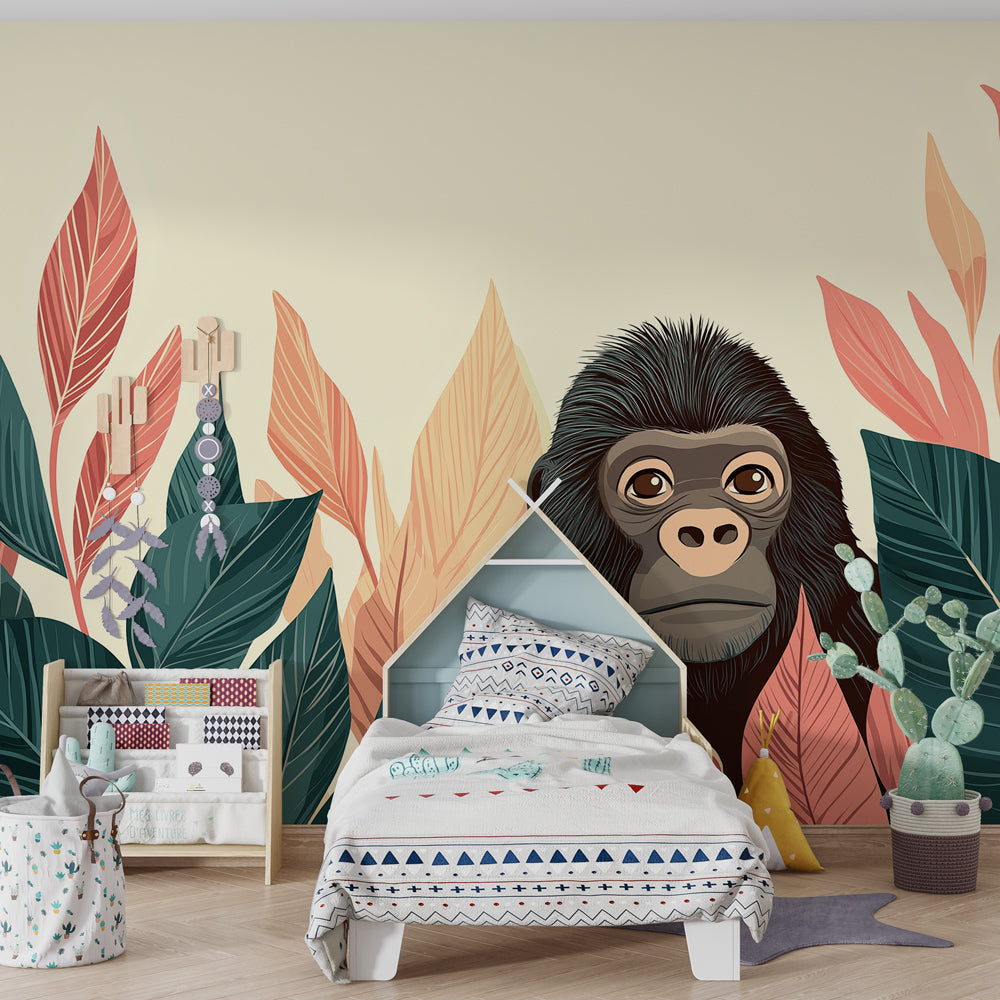 Jungle animal mural wallpaper transforming children's playroom into tropical adventure space