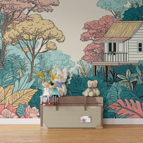 Colorful jungle treehouse wallpaper transforming children's bedroom with natural wooden furniture