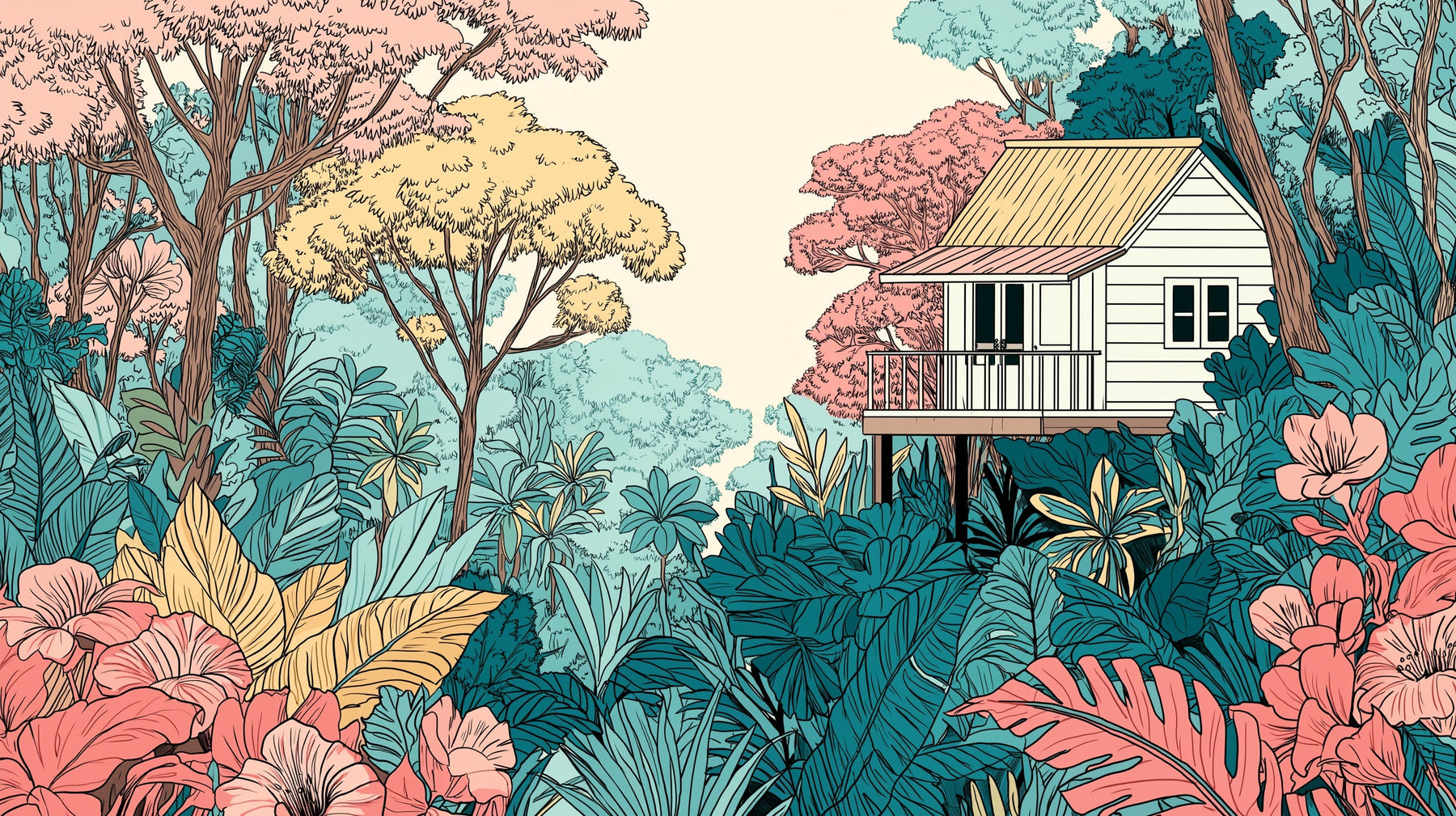 Detailed jungle house mural wallpaper design pattern showing tropical treehouse and botanical elements