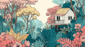 Detailed jungle house mural wallpaper design pattern showing tropical treehouse and botanical elements
