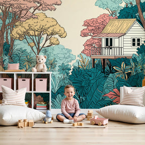 Jungle house mural wallpaper creating tropical adventure theme in bright kids nursery by Kids-Mundo